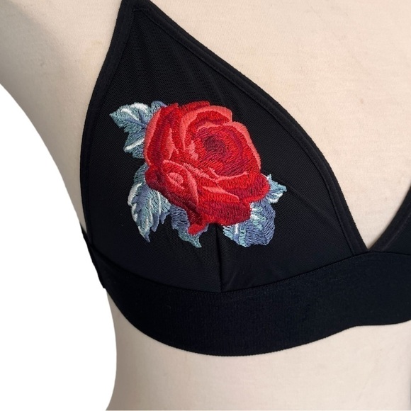 Pink by Victoria’s Secret Lace Triangle Bralette with Embroidered Roses on Black - Picture 5 of 16